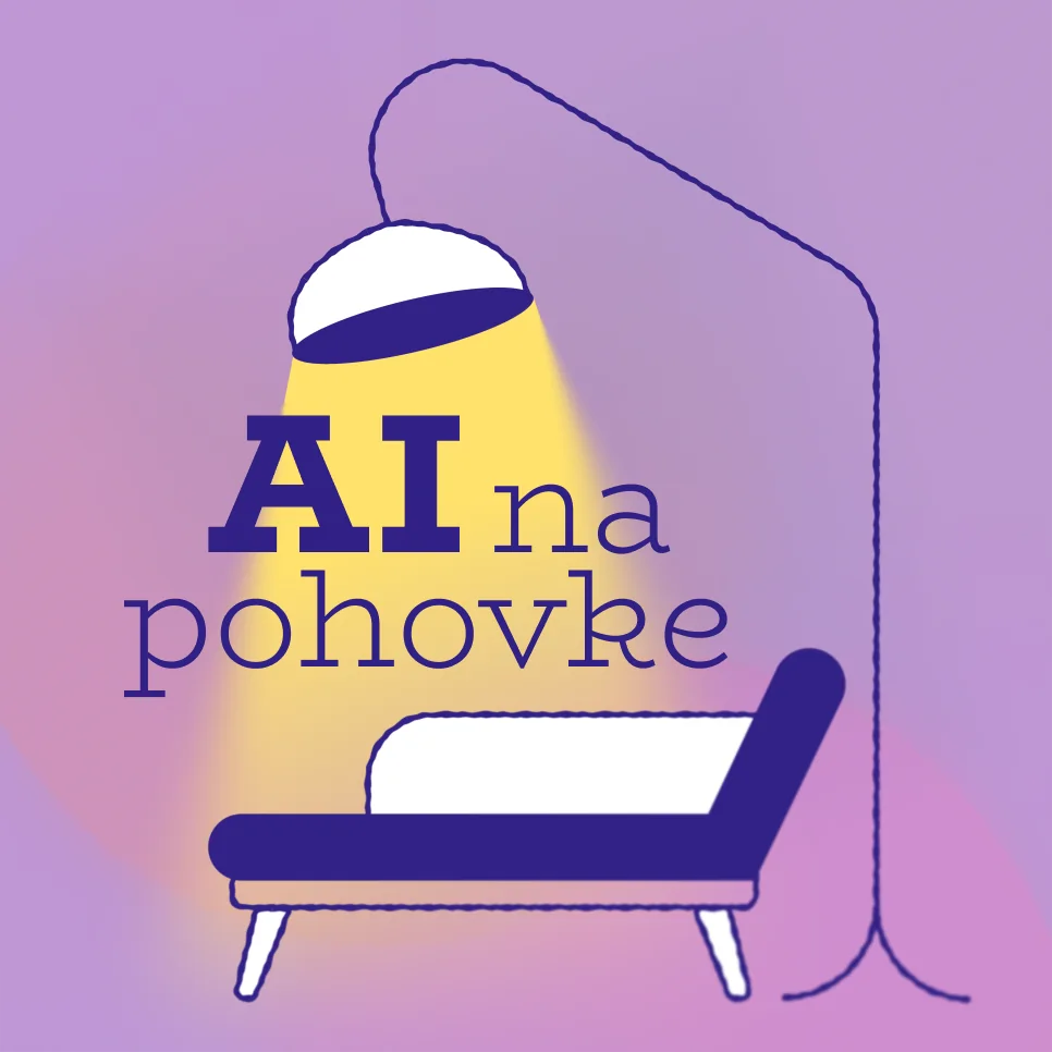 Obal podcastu AI na pohovke s lampou a pohovkou